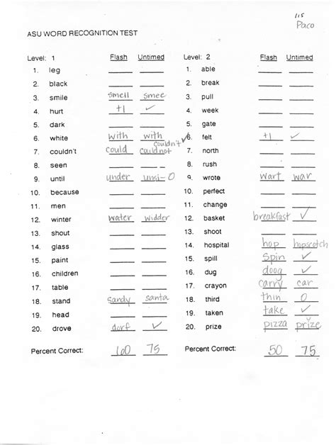 Below is an example of a word recognition inventory