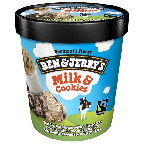Ben and jerrys milk and cookies. Description. Ben & Jerry's Vanilla ice cream with a chocolate cookie swirl, chocolate chip and chocolate chocolate chip cookies. Cookie madness, mixed with ... 