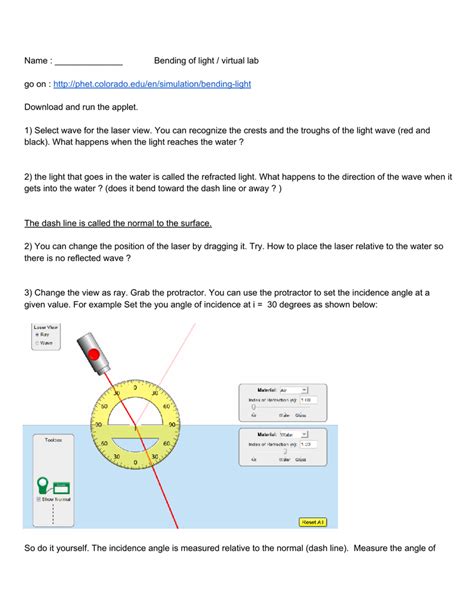 Physics questions and answers; 7:45 Refraction of Light PhET LAB Simula... Bending Light Intro Part 1: Confuming Snell's Low a) When the simulator window opons, you should notice a laser pointing at 4- angle downwards to the night.
