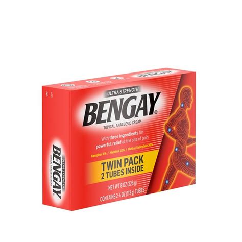 Set of 2 Bengay pain relieving creams in 4 oz tubes. With 3 pain-relieving ingredients more than any other Bengay product, it is the strongest Bengay ever for minor arthritis, backache, muscle and joint pain. It's non-greasy formula provides deep penetrating pain relief. Active Ingredients: camphor 4%, menthol 10%, methyl salicylate 30%.. 