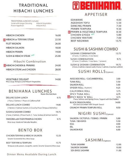 Benihana restaurant menu prices. Dine-in 
