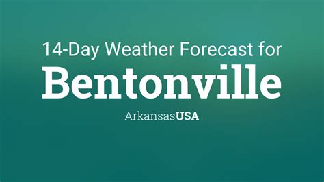 Extended 10-day forecasts, Bentonville (Arkansas) Show in Celsius. This is the extended 10 day forecast for Bentonville. The forecast is updated every 3 hours and shows temperature, weather condition, wind direction and speed, chance of precipitation. Today (Tuesday 4 Apr) Rise 06:58. Set 19:41. Rise 18:25. Set 06: .... 