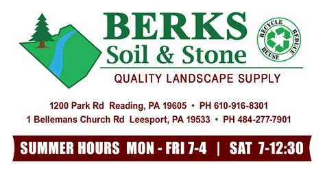 Berks soil and stone inc. BERKS SOIL & STONE, INC. PENNSYLVANIA DOMESTIC BUSINESS CORPORATION: WRITE REVIEW: Address: 51 Grandview Blvd. Reading, Berks 19609: Registered Agent: None Listed: Filing Date: July 20, 2009: File Number: 3894487: View People Named Fernando Folino in Pennsylvania: Contact Us About The Company Profile For Berks Soil & Stone, Inc. 