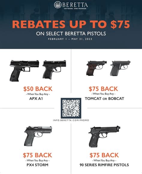 Berreta rebate. Beretta Rebate: 90 Series Rebate. Get $75 back on select 90 Series rimfire pistols. Offer valid from Nov 1, 2022 through May 31, 2023. Rebate form. Sort by Price: Low; High; Filter Sale Categories; Rebates; Beretta; In Stock Only Beretta M9A1-22 22LR Rimfire Pistol $469.00 $419.99. Notify Me When Available ... 