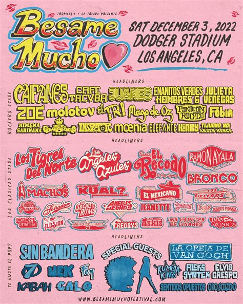 Besamemuchofest. Dec 3, 2023 · For the Santana family, the second annual Bésame Mucho Festival at Dodger Stadium on Saturday, Dec. 2, marked a reunion after years of separation. The geographical divide, along with the ... 