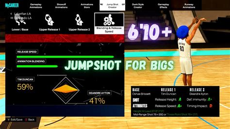 Top 10 Best NBA 2K23 Big Man Jumpshots in Season 5 (Next & Current Gen) NBA 2K23 Best Jumpshots for Under 6'4, 6'5-6'9, 6'10+ Builds in Season 5 (Next & Current Gen) 1. Best Big Man Jumpshot for 76+ 3PT. Base: Oshae Brissett. Release 1: Tim Duncan. Release 2: Giannis Antetokounmpo. Release Speed: Max. Animation Blending: Tim Duncan (70% .... 