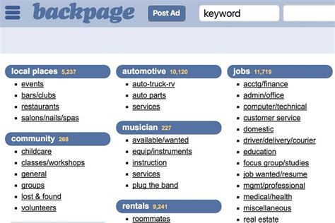 4. Craigslist – Best Overall Backpage Classifieds Alternative. Craigslist is perhaps Backpage’s no. 1 rival back when they were both active online. Much like BP’s fate, though, Craigslist ...