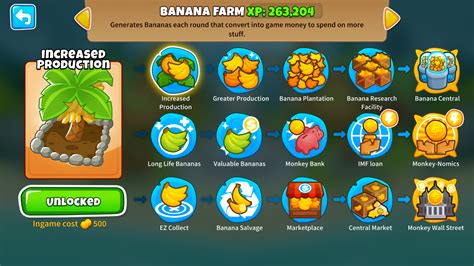 Banana Farm: Upgrade it to 3/0, or possibly 4/0 if you've unlocked it. Upgrade the second path last. Get another banana farm if you can. Simply hover your mouse over the bananas to collect it. Both:Get the banana farm first. Upgrade it to 1/0, then get the apprentice. The apprentice should be upgraded to 2/2 before upgrading the banana farm again.. 