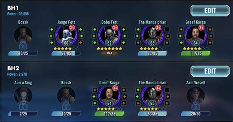 Best bounty hunter team swgoh. Bounty Hunters & Jedi are working best for me at the moment, Our Guild is doing ok, and we only have a cpl Jabba's in our guild. Boba Fett has a neat trick if you get him to a Relic 8. He can get a ton of points soloing the Highest tier. I use my Rellic 3 BH's in tier 3 and get around 300k points. My Jedi's are R7 Revan lead, R3 Bastila, R3 ... 