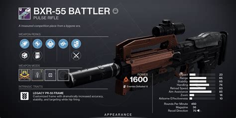 10 BXR-55 Battler Pulse Rifle. God Roll: Demolitionst and Incandescent (PVE) OR Eye of the Storm and Killing Wind (PVP) The BXR-55 Battler was introduced into Destiny 2 following the 30th .... 