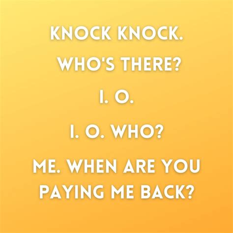 These funny knock knock jokes are perfect for kids, teens, adults and anyone else looking for a laugh. Find hilarious knee-slappers for the whole family. ... we've got a prescription for the best knock-knock jokes of all time. Period. Whether you like telling 'em or just chuckle to yourself while reading 'em, we've got a roundup of corny …. 