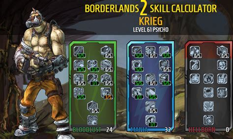 Skills. Mania is probably Krieg's most powerful tree. It's also a lot of fun - it has big bonuses to both straight-up melee and explosive damage. Supplement it with some well-chosen Bloodlust skills and you'll be unstoppable. This build boosts melee damage significantly and uses that as the launchpad for ridiculous explosive AOE damage.