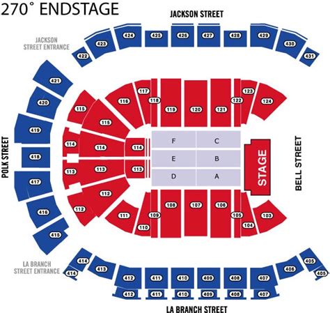 How are the seats in Toyota Center numbered? The Toyota Center offers floor seating in as many as six sections, A through F, with sections A, B, and C being the closest to the stage and sections D, E, and F being the furthest away. Sections 101, 102, 125, 126, 432-434, and 401-404 are located behind the stage.. 