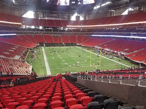 Some of the best seats in the house are Lower Sideline seats. If you’re looking for an expansive view of the entire field, these are for you! The Falcons side of the field is 106-107 and 113-114, and the visitor’s side is 124-125 and 131-132. Lower sidelines present and opportunity to see your favorite players, just a few rows away!. 
