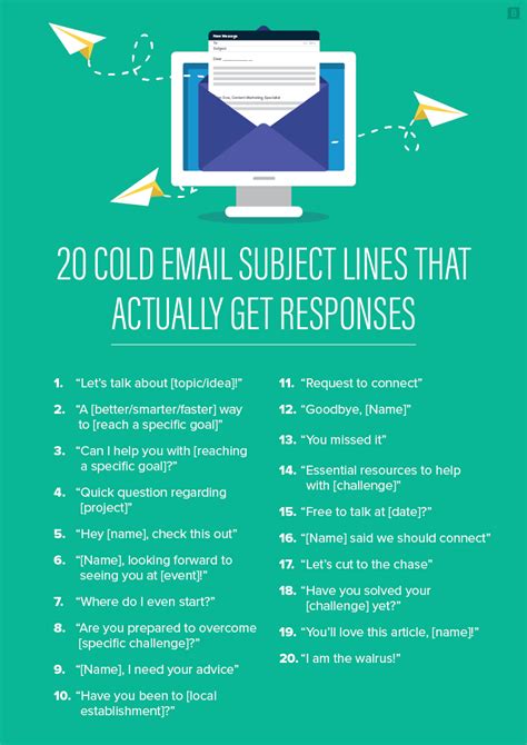 Best subject lines for cold emails. Cold email ending; 1. Cold email subject line. A great cold email subject line is critical to capturing a person’s attention and getting them to open your email. Creating a great subject line is part science and part art. It’s a huge subject, and it’s not something we can cover in a few lines, but the best cold email subject lines … 