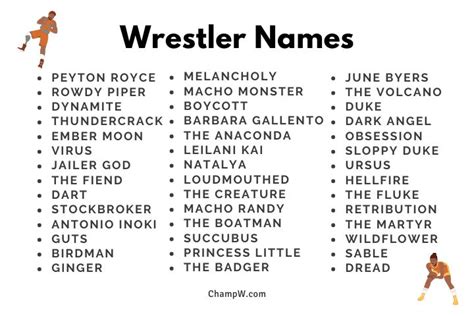 Wrestler name generator: This wrestler name generator is related to the WWE name generator because it specifically focuses on creating names for wrestlers, just like WWE superstars. It can help users generate unique and interesting names for their wrestling personas. Boxing name generator: Boxing and wrestling both involve physical combat and .... 