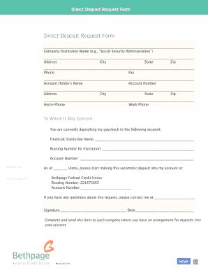 Execute Direct Deposit Request Form - Bethpage Federal Credit Union in several moments by following the awards below: Choose of stencil you require at the collect out legal form samples. Click on this Get form key to open computer and begin image. Complete all in of necessary fields (these are yellowish).. 