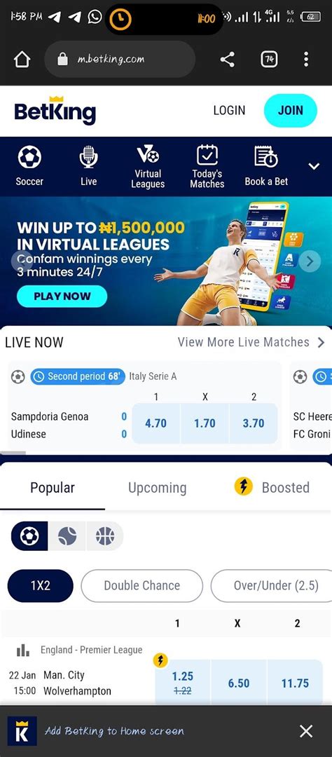 Betking login. Click on the odds or enter a code to be loaded. Best online sports betting website in Nigeria. Visit BetKing for high odds, welcome bonus, live cash out and live betting. Bet on Soccer, Virtual, Basketball. 
