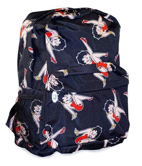 The Betty Boop backpack is made of durable microfiber with top zip closure. Two zippers from both side. A side net holder for bottle. The front zip compartment. The size is 16(H) x 11(L) x 5(W) inches. . Betty boop backpack