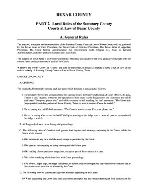General Rules of the Statutory County Courts At Law of Bexar Count, Civil District Court Rules, Electronic Court Documents and Criminal District Court Rules.. 