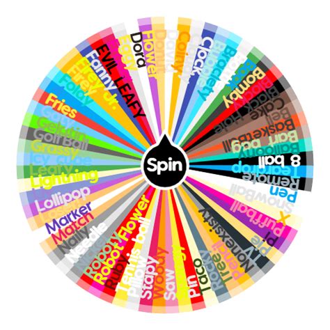 Spin the wheel to see which item comes up next.. Four, X, Gelatin , Lolipop , Teardrop, Saw, Book, Ice cube, Profiley, Spongy, Braslety, Firey, Firey.jr , Bomby..