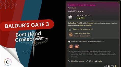 Bg3 hand crossbow. The Hellfire Hand Crossbow is a +2 and comes from Yurgir in Shar's Gauntlet. The next best one is the Ne'er Misser which can be bought from Roah Moonglow in Moonrise Towers. ... BG3 is the third main game in the Baldur's Gate series. Baldur's Gate III is based on a modified version of the Dungeons & Dragons 5th edition (D&D 5e) tabletop RPG ... 