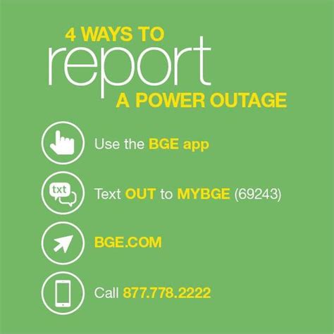 Report an outage to Baltimore Gas and Electric Company online, by phone, or by text. Find out how to get updates on restoration status and safety tips. Learn more about BGE's outdoor lighting and street lighting services for your home or business.. 