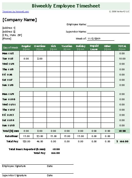 Bi Weekly Timesheet Template Excel