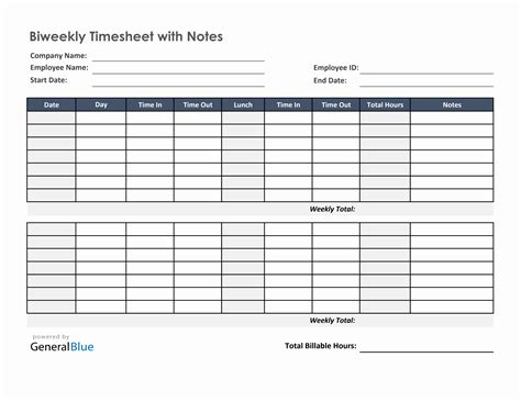 BiWeekly Time Sheet Free Printable