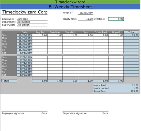BiWeekly Timesheet Templates Time Clock Wizard