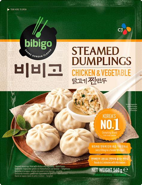 Bibigo chicken dumplings. Premium Quality Created in Korea. Regional and authentic. Ready in 6 minutes. NUTRITION FACTS. PER 100G. % RI*. CALORIES. 656 kJ / 156 kcal. 7,8 %. 