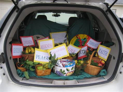Bible trunk or treat ideas. 6. Charlie Brown and the great pumpkin patch. If you have a sleepy newborn, this is the cutest and easiest trunk or treat idea. mage via Rand Adams. 7. Treasure chest. Turn the back of your car into an under sea treasure trove with nets, crates, a lantern, shells, and of course a treasure box full of candy and gold! 8. 