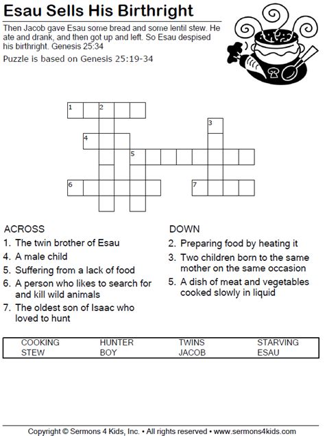 Find the answer at Crossword Tracker. Tip: Use ? for unknown answer letters, ex: ... Biblical twin; Biblical brother; ... Jacob's brother; Genesis brother; Biblical birthright seller; Isaac's eldest; Recent usage in crossword puzzles: LA Times - May 26, 2021; WSJ Daily - Sept. 30, 2019; Newsday - July 31, 2019; Canadiana Crossword ....