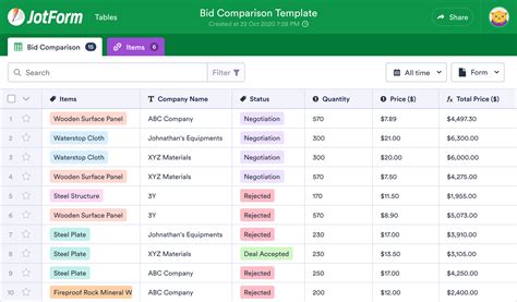 Bid Comparison Template JotForm Tables