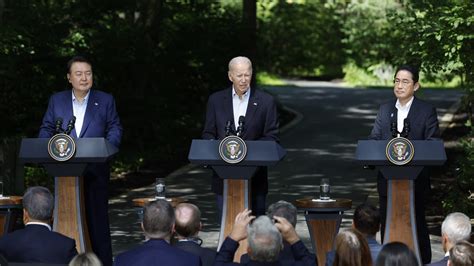 Biden says US, Japan and South Korea are ‘stronger and the world is safer … as we stand together’