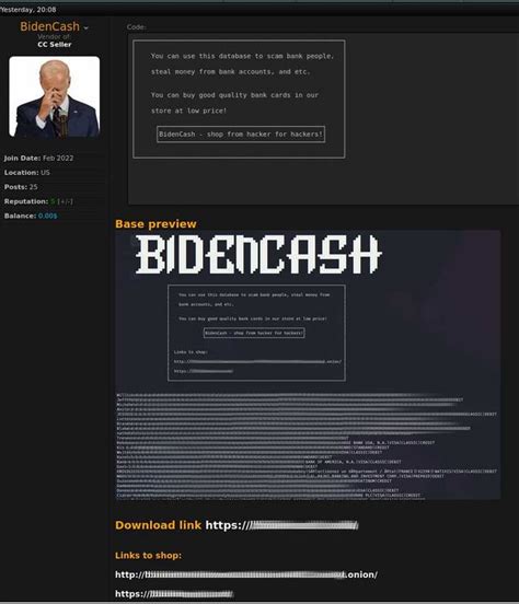 Bidencash website. A dark web carding market named “BidenCash” has released a dump of 1.2 million credit cards to promote their marketplace, allowing anyone to download the data for free to conduct financial fraud. Carding is the trafficking and use of credit cards stolen through point-of-sale malware, Magecart attacks on websites, or information-stealing ... 