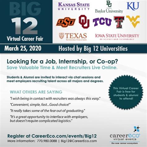 Big 12 career fair. Big 12 Virtual Career Fair. Wednesday, March 24, 2021 10am to 5pm. I'm Interested. 