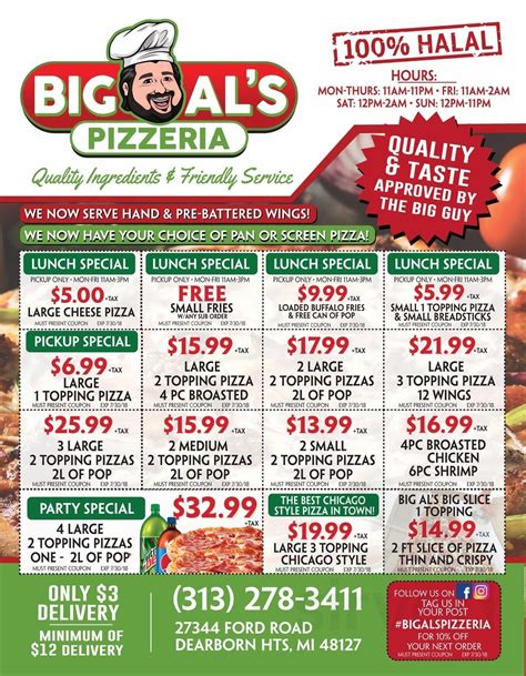 Big al's pizza. Big Al's Pizza - Mount Evelyn Pizza Italian 4.1 stars out of 5. View 745 reviews 2, 3 Monbulk rd, Mount Evelyn, 3796 Delivery from 17:35 I want to pick up Allergen info Menu Information Meal Deals Single Deal 1 large pizza, 1 garlic bread roll, 1.1L/1.25L soft drink $25.15 Double Deal 2 large pizzas, 1 garlic bread roll, 1.1L/1.25L soft … 