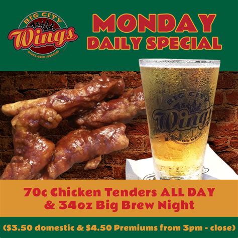 Big city wings daily specials. Big City Wings provides a sports bar environment with multiple TV screens to watch any sports event of your liking while you indulge in our delicious food and drinks. 3815 West Grand Parkway North ste 190. Katy, TX 77449. (832) 913-6984. 
