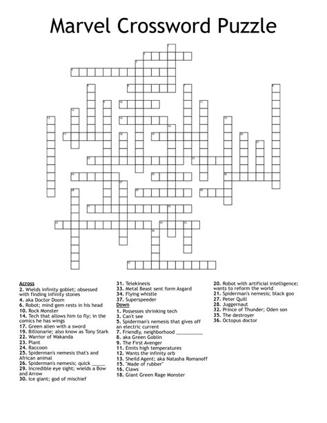 The Crossword Solver found 30 answers to "thompson of marvel movies", 5 letters crossword clue. ... Big part of Marvel movie budgets GREGG: Actor Clark of Marvel films Advertisement. IRON MAN: Superhero played by Robert Downey Jr in a series of Marvel films (4,3) GROOT:. 