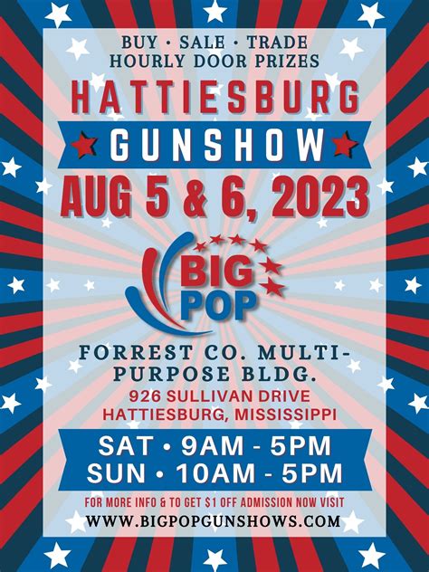 Big pop gun shows. February 4-5, 2023 Greenville Mississippi Gun Show presented by Big Pop Gun Shows February 4-5, 2023 at the Washington County Convention Center located at 1040 Raceway Road in Greenville, Mississippi 38703. Big Pop Gun Shows's Greenville Gun Show hours are Saturday February 4 from 9am to 5pm, and Sunday February 5 from 10am to 5pm. 