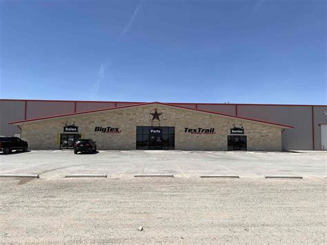 13300 W. I-20 East Odessa, TX 79765 (432) 535-0040 Store Features Trailer Sales Truckbed Sales Part Sales Service Store Hours Monday 8:00 am - 5:00 pm Tuesday 8:00 am - 5:00 pm Wednesday 8:00 am - 5:00 pm Thursday 8:00 am - 6:00 pm Friday 8:00 am - 6:00 pm Saturday 9:00 am - 1:00 pm Sunday Closed Welcome to Big Tex Trailer World Odessa. 