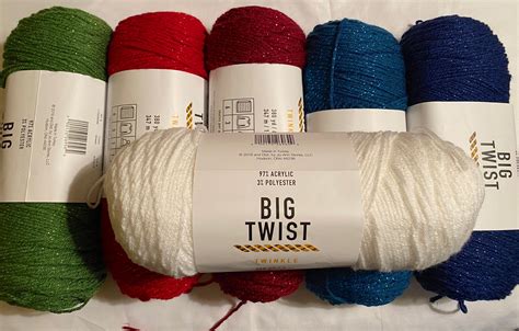 Twinkle from Big Twist Weight Aran (8 wpi) ? Wraps per inch Yardage 380 yards (347 meters) Unit weight 170 grams (6.00 ounces) Gauge 14.0 sts = 4 inches Needle size US 8 - 5.0 mm Hook size 5.0 mm (H) Fibers 97% Manufactured Fibers - Acrylic 3% Manufactured Fibers - Polyester Texture Plied; Metallic Machine wash? yes Attributes. 