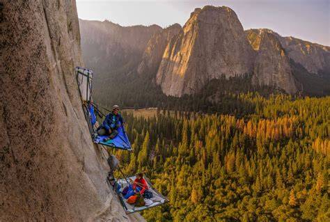 Big wall climbing sleeping.  D4 Alpine Portaledges in action on El Capitan.  A ...