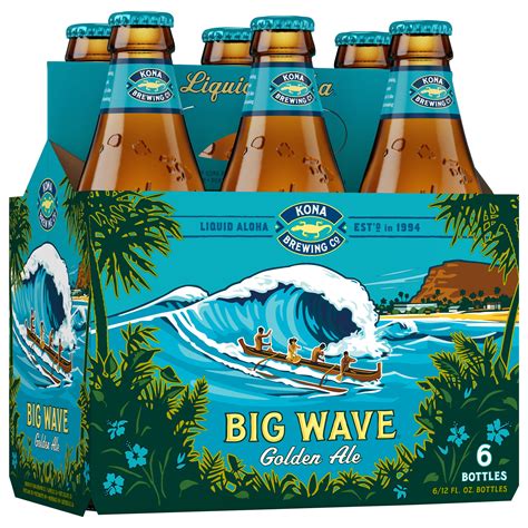 Big wave beer. This Kona beer is a refreshing ale that goes down easy after a day out on the water. Brewed with a special blend of hops and caramel malt, Big Wave Golden Ale features a bright, tropical hop aroma & flavor and golden hue. Each 12 ounce serving has 4.4% alcohol by volume and 132 calories. Grab a six pack of beer bottles anytime you need ... 