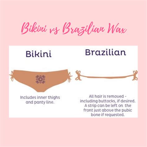 Bikini vs brazilian wax. Key Takeaways. A Brazilian wax removes all hair from the pubic area, including the front, sides, and back. A bikini wax eliminates hair only along the line, leaving the rest of the pubic area untouched. Both waxing methods provide smooth, hair-free results, but the level of hair removal depends on personal preference. 