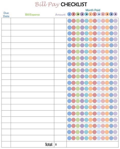 Bill Chart Printable