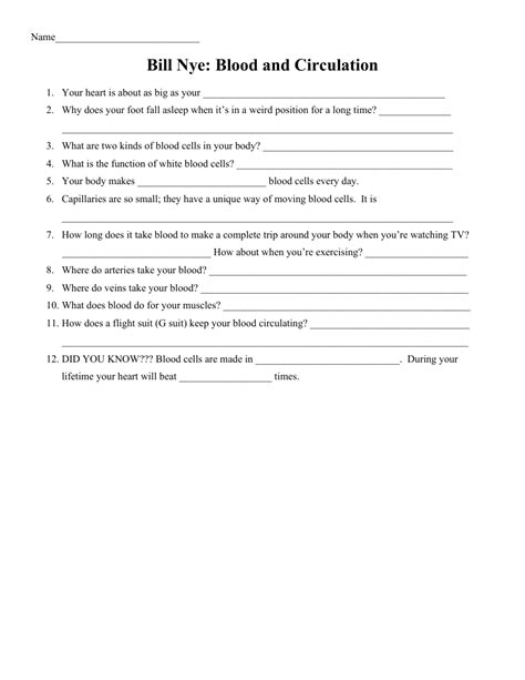 Bill Nye Blood and Circulation Worksheet with Answers Science 8th Grade