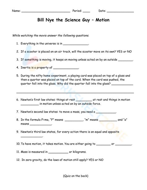 Bill Nye The Science Guy Motion Worksheet