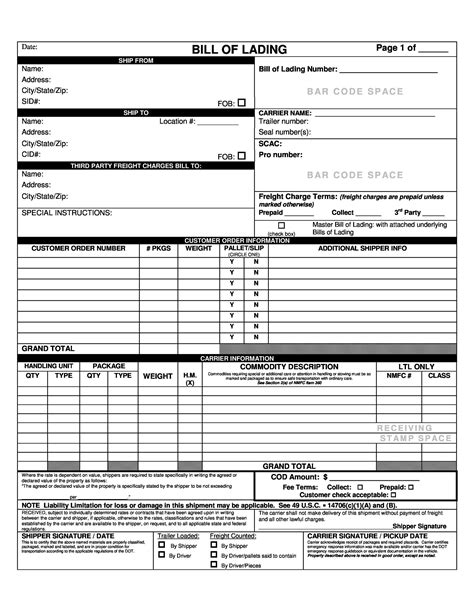 Bill Of Lading Form Template Free